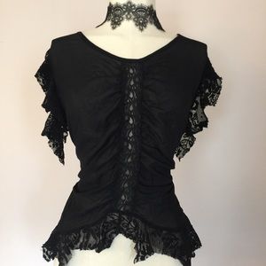 Gothic Black Lace Victorian Style Shirred Top XL
